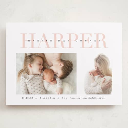 This is a blush grand birth announcements with standard by Lauren Chism called love-ly printing on recycled smooth signature in grand