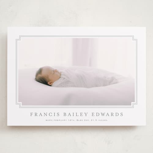 This is a fog grand birth announcements with standard by Carolyn MacLaren called first step printing on recycled smooth signature in grand