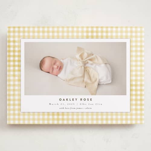 This is a marigold grand birth announcements with standard by Jessie Steury called gingham printing on recycled smooth signature in grand