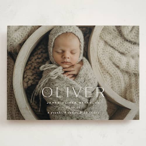 This is a dew grand birth announcements with standard by Sara Hicks Malone called moondance printing on recycled smooth signature in grand