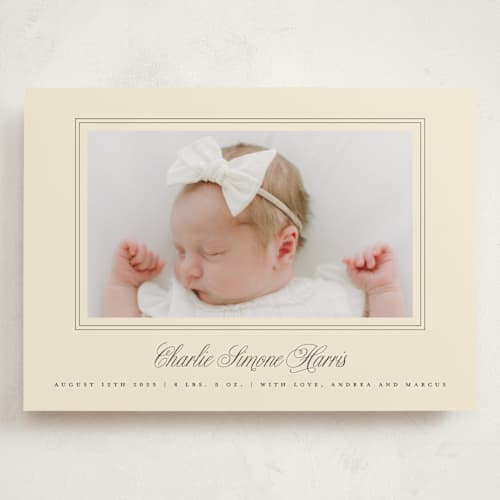 This is a creme grand birth announcements with standard by mo kelley called classical border printing on recycled smooth signature in grand