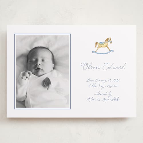 This is a powder grand birth announcements with standard by Pati Cascino called ternure printing on recycled smooth signature in grand