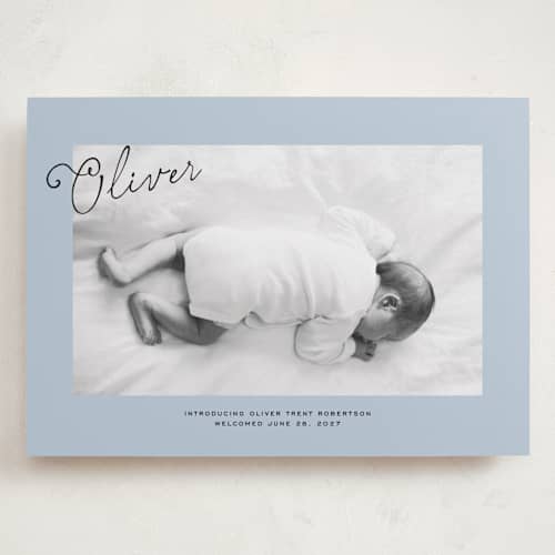 This is a powder grand birth announcements with standard by Jenna Holcomb called nostalic handwriting printing on recycled smooth signature in grand