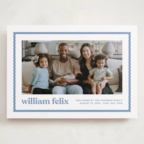 This is a water grand birth announcements with standard by Lea Delaveris called first impression printing on recycled smooth signature in grand