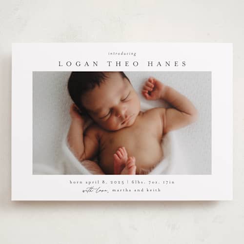 This is a sugar grand birth announcements with standard by Chris Griffith called frame of happiness printing on recycled smooth signature in grand
