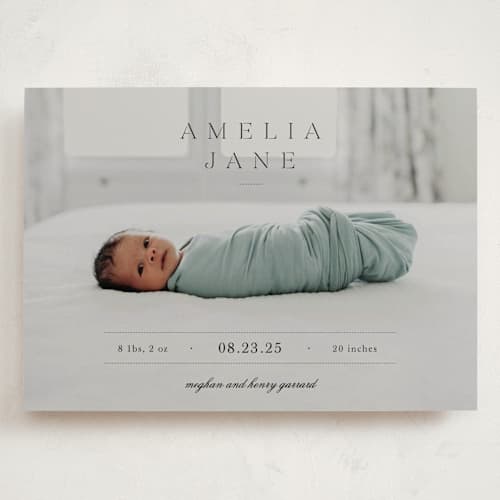 This is a fog grand birth announcements with standard by Sara Hicks Malone called vintage printing on recycled smooth signature in grand