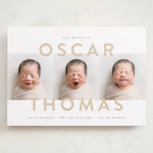 This is a sand grand birth announcements with standard by Carolyn MacLaren called trio overlay printing on recycled smooth signature in grand