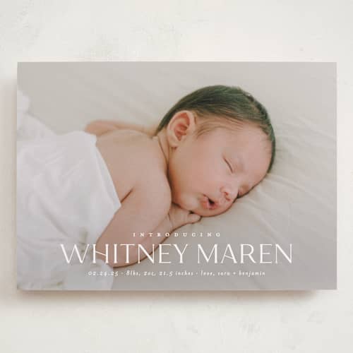This is a cloud grand birth announcements with standard by Carolyn MacLaren called baby classic printing on recycled smooth signature in grand