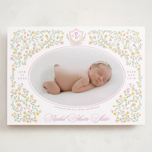 This is a cotton candy grand birth announcements with standard by Creo Study called cottagecore printing on recycled smooth signature in grand