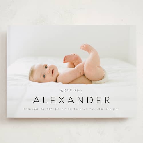 This is a night grand birth announcements with standard by MC Designs called welcome our baby printing on recycled smooth signature in grand