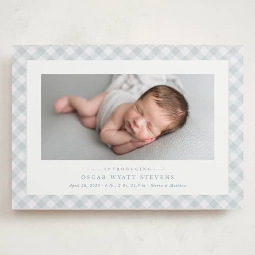 This is a sky grand birth announcements with standard by Lea Delaveris called checked printing on recycled smooth signature in grand