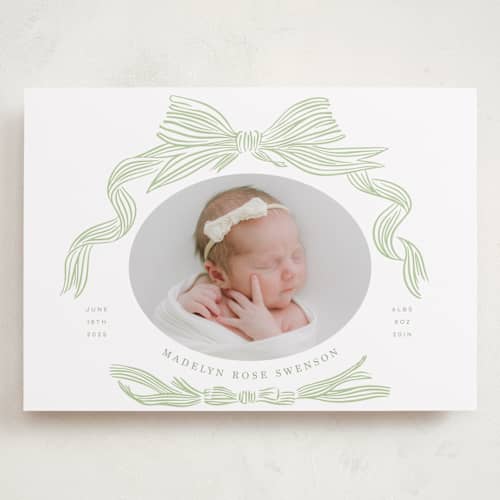 This is a mint grand birth announcements with standard by Stephanie Hawkes called ribbon bow frame printing on recycled smooth signature in grand