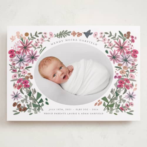 This is a rose grand birth announcements with foil pressed by Morgan Ramberg called blossom baby printing on recycled smooth signature in grand