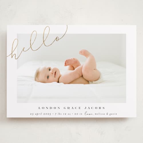 This is a warm grey grand birth announcements with foil pressed by Shirley Lin Schneider called angled hello printing on recycled smooth signature in grand