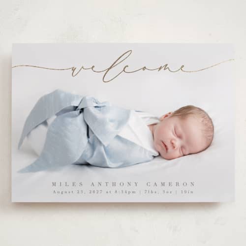 This is a fawn grand birth announcements with foil pressed by Olivia Raufman called blissful welcome printing on recycled smooth signature in grand