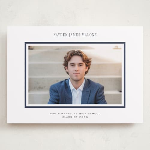 This is a navy graduation announcements with standard by Jennifer Wick called collegiate line printing on recycled smooth signature in grand