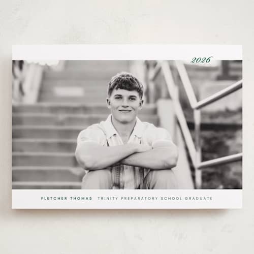This is a forest graduation announcements with standard by Sara Hicks Malone called deerfield printing on recycled smooth signature in grand