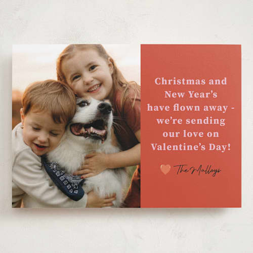 This is a persimmon valentines day with standard by Deborah Chou called flown away printing on recycled smooth signature in grand