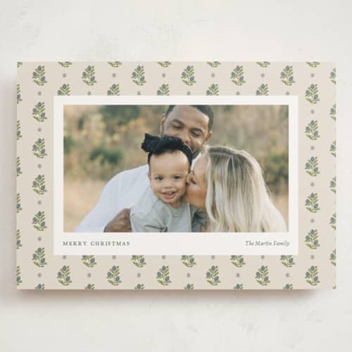 This is a evergreen berry holiday photo cards with standard by Chelsea Petaja called block print holiday printing on recycled smooth signature in grand