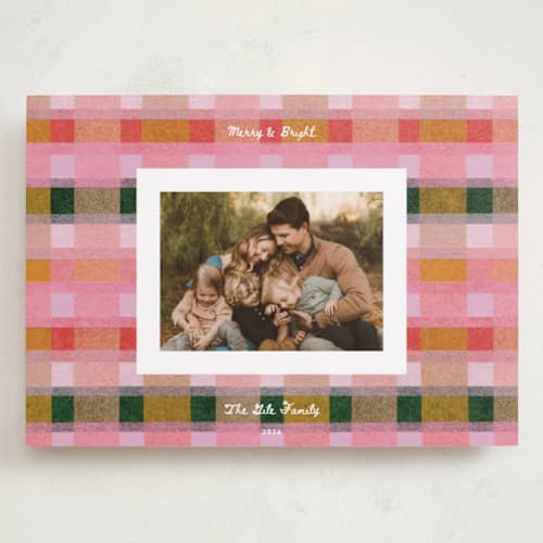 This is a fruitcake holiday photo cards with standard by Carrie Moradi called festive checked plaid printing on recycled smooth signature in grand