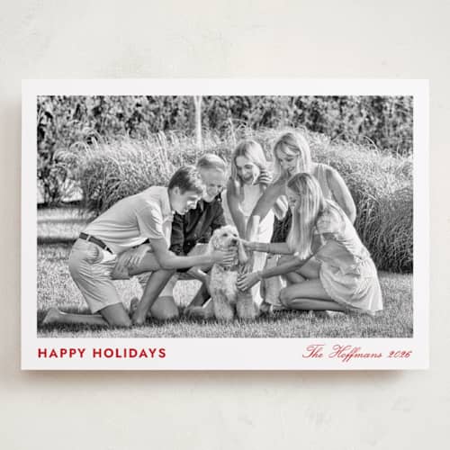 This is a ruby holiday photo cards with standard by Annie Shapiro called primrose printing on recycled smooth signature in grand