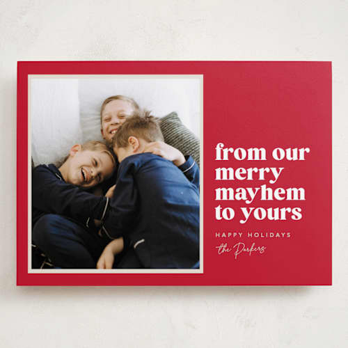 This is a holly berry holiday photo cards with standard by Robert and Stella called our merry mayhem printing on recycled smooth signature in grand