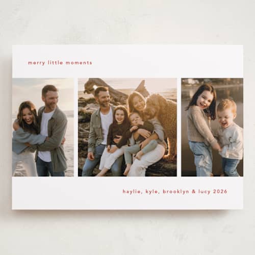 This is a marshmallow holiday photo cards with standard by Mary Kay Garttmeier called merry little moments printing on recycled smooth signature in grand
