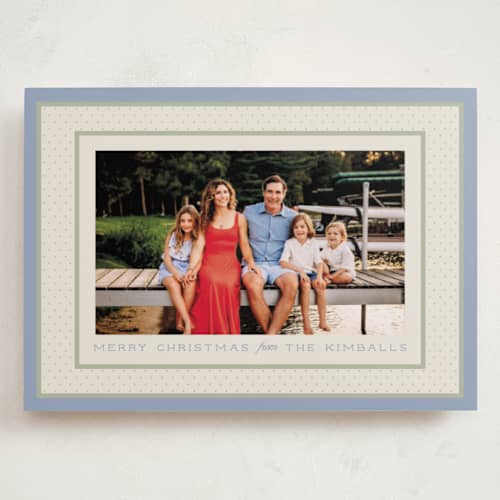 This is a periwinkle holiday photo cards with standard by Robert and Stella called polka dot frame printing on recycled smooth signature in grand