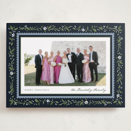 This is a deep blue holiday photo cards with standard by Erin L. Wilson called hollywick printing on recycled smooth signature in grand