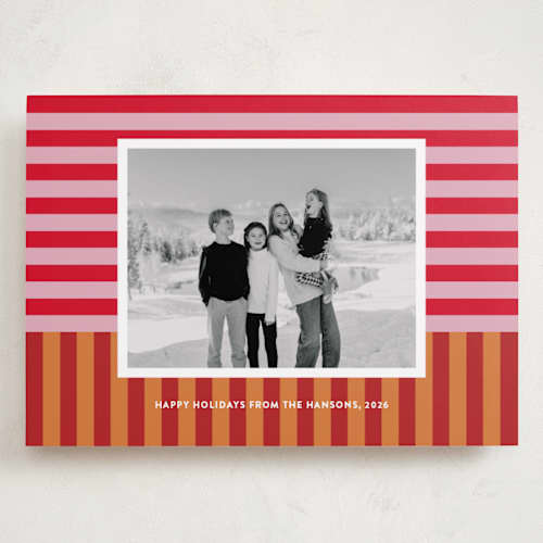 This is a nutmeg holiday photo cards with standard by Shari Margolin called festive stripes printing on recycled smooth signature in grand