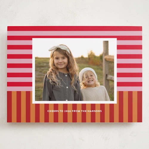This is a nutmeg holiday photo cards with standard by Shari Margolin called festive stripes printing on recycled smooth signature in grand