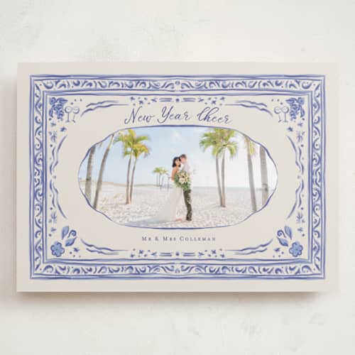 This is a blue joy holiday photo cards with standard by Lucrecia Caporale called cheerful frame printing on recycled smooth signature in grand