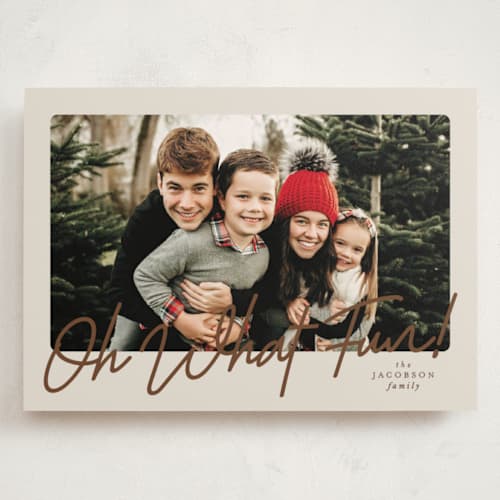This is a linen holiday photo cards with standard by Karidy Walker called oh what fun script printing on recycled smooth signature in grand