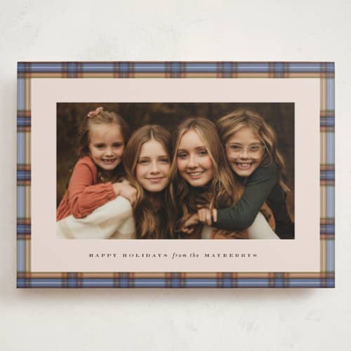 This is a cornflower holiday photo cards with standard by Olivia Kanaley Inman called taffeta tartan printing on recycled smooth signature in grand