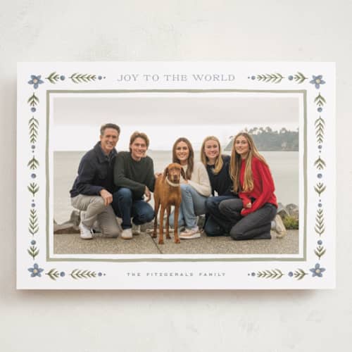 This is a juniper holiday photo cards with standard by Wildfield Paper Co called folk border printing on recycled smooth signature in grand