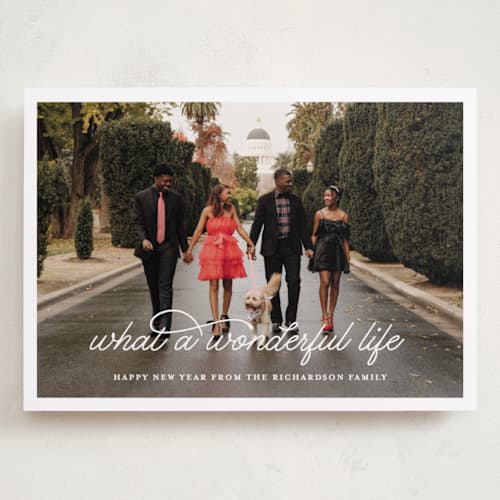 This is a snowflake holiday photo cards with standard by Leah Ragain called what a wonderful life printing on recycled smooth signature in grand