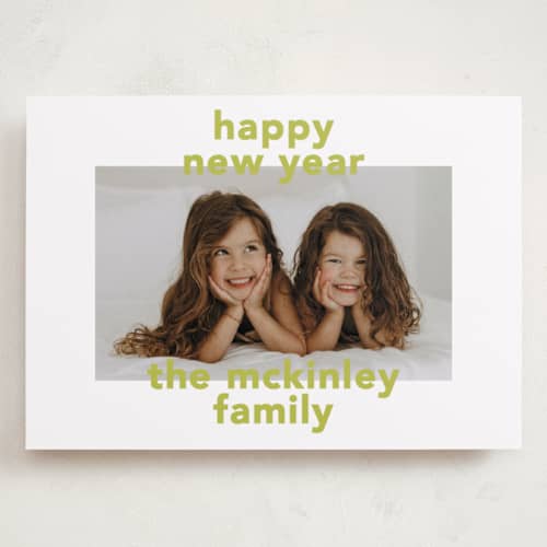 This is a citrine holiday photo cards with standard by Kelly Watkins called bold name printing on recycled smooth signature in grand