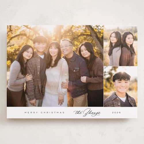 This is a snow holiday photo cards with standard by Nicole Walsh called elegant trio printing on recycled smooth signature in grand