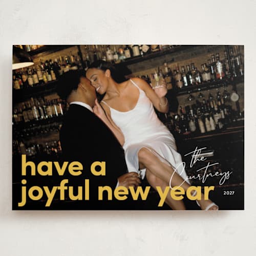 This is a goldenrod holiday photo cards with standard by Kacey Kendrick Wagner called bright message printing on recycled smooth signature in grand