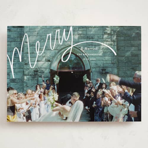 This is a wedding cake holiday photo cards with standard by Becky Nimoy called merry hand lettered script printing on recycled smooth signature in grand