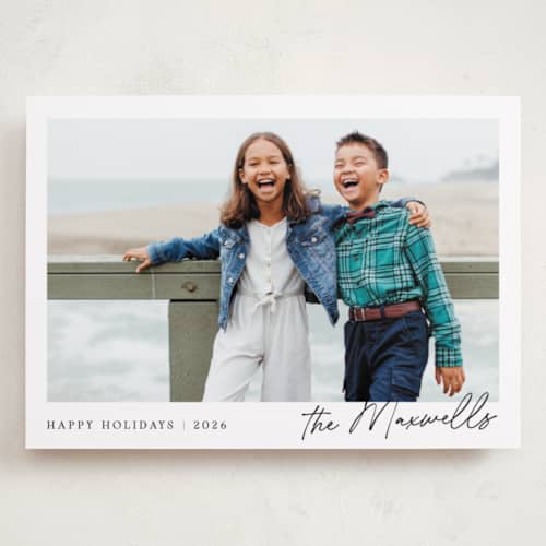 This is a snow holiday photo cards with standard by Jackie Crawford called scripted penmanship frame printing on recycled smooth signature in grand