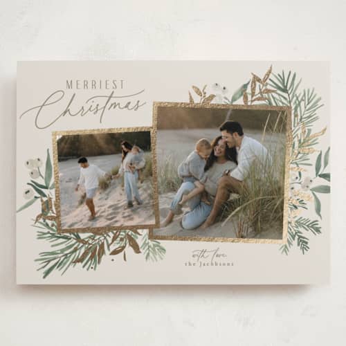 This is a ash foil stamped holiday cards with foil pressed by Everett Paper Goods called pine duo printing on recycled smooth signature in grand