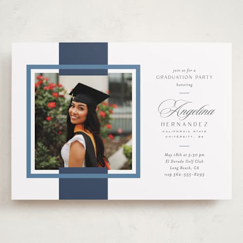 This is a navy graduation invitations with standard by Owl and Toad called preppy frame printing on recycled smooth signature in grand