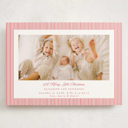 This is a cranberry babys first christmas with standard by Jennifer Holbrook called holiday baby stripes printing on signature in grand
