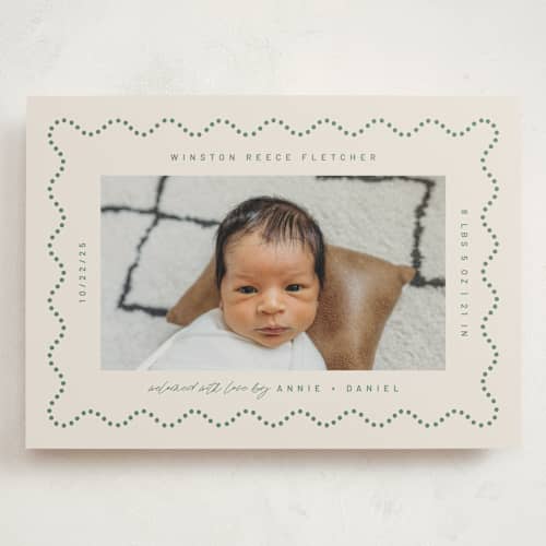 This is a moss grand birth announcements with standard by Kelly Watkins called squiggle: landscape printing on signature in grand