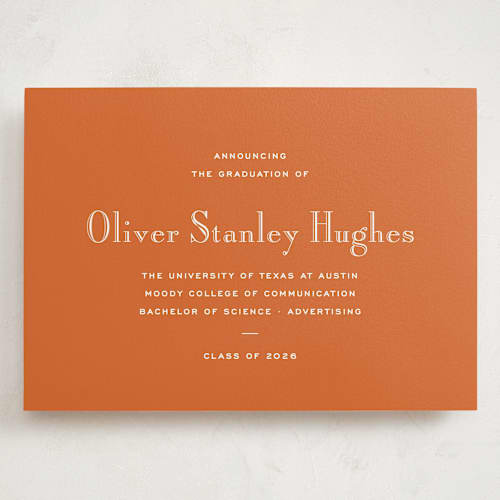 This is a burnt orange graduation announcements with standard by Megan Davis called campus printing on signature in grand