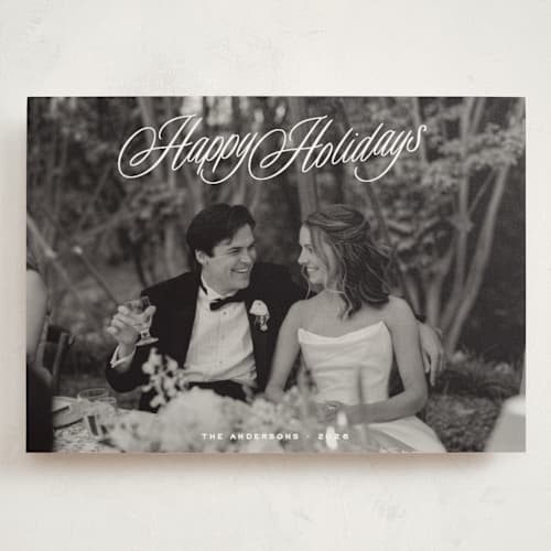 This is a snow holiday photo cards with standard by JoAnn Jinks called heirloom script printing on signature in grand