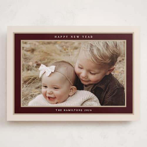 This is a maroon holiday photo cards with standard by Nicole Walsh called encompass printing on signature in grand
