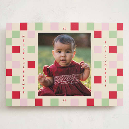 This is a cranberry holiday photo cards with standard by Katie Zimpel called happy checkers printing on signature in grand