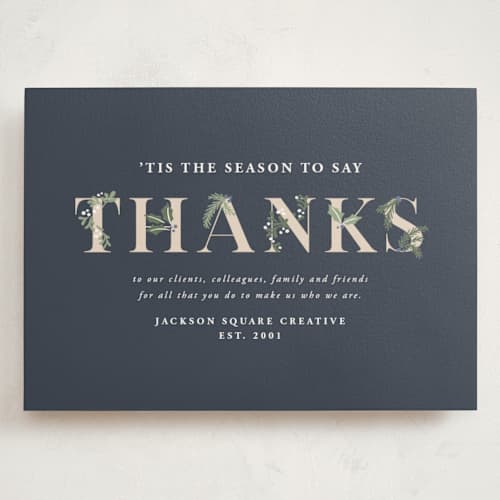 This is a navy holiday photo cards with standard by Meggy Masters called adorned thanks printing on signature in grand